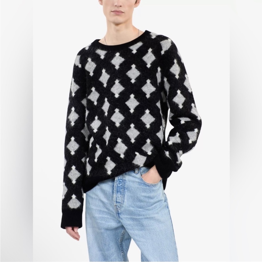 The Kooples Diamond Geo Straight Fit Alpaca Wool Blend Sweater Black Grey NEW L